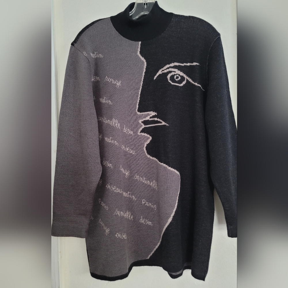 Vtg Rodier Black Gray Mock Neck Graphic Wool Blend Tunic Sweater Size Large - Picture 7 of 13